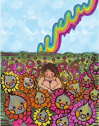 Basking in a bed of blossoming birds